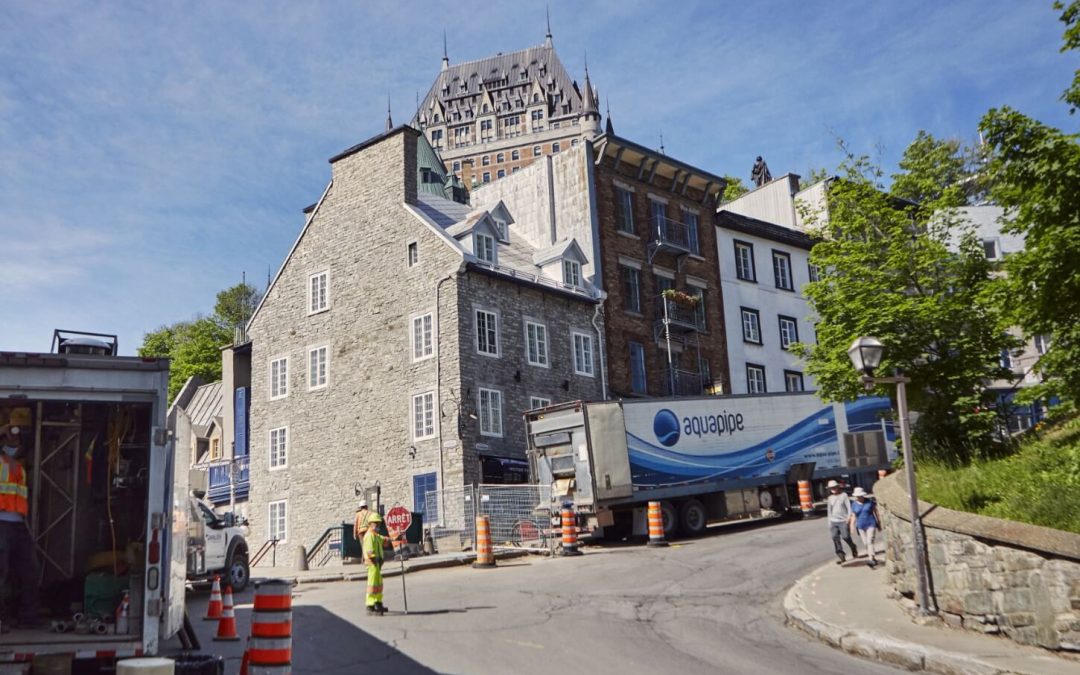 Lining of a water main under Escalier Casse-Cou in Old Québec, a staircase dating back to 1890